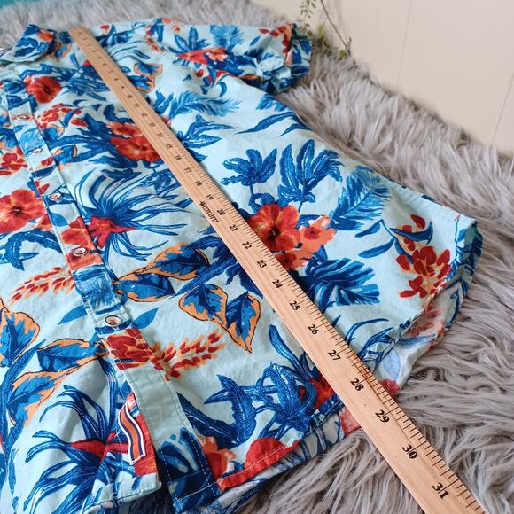 Denim & Flower Short-Sleeve Button-Up Shirt Blue Tropical Summer Slim Fit XL - Picture 4 of 6